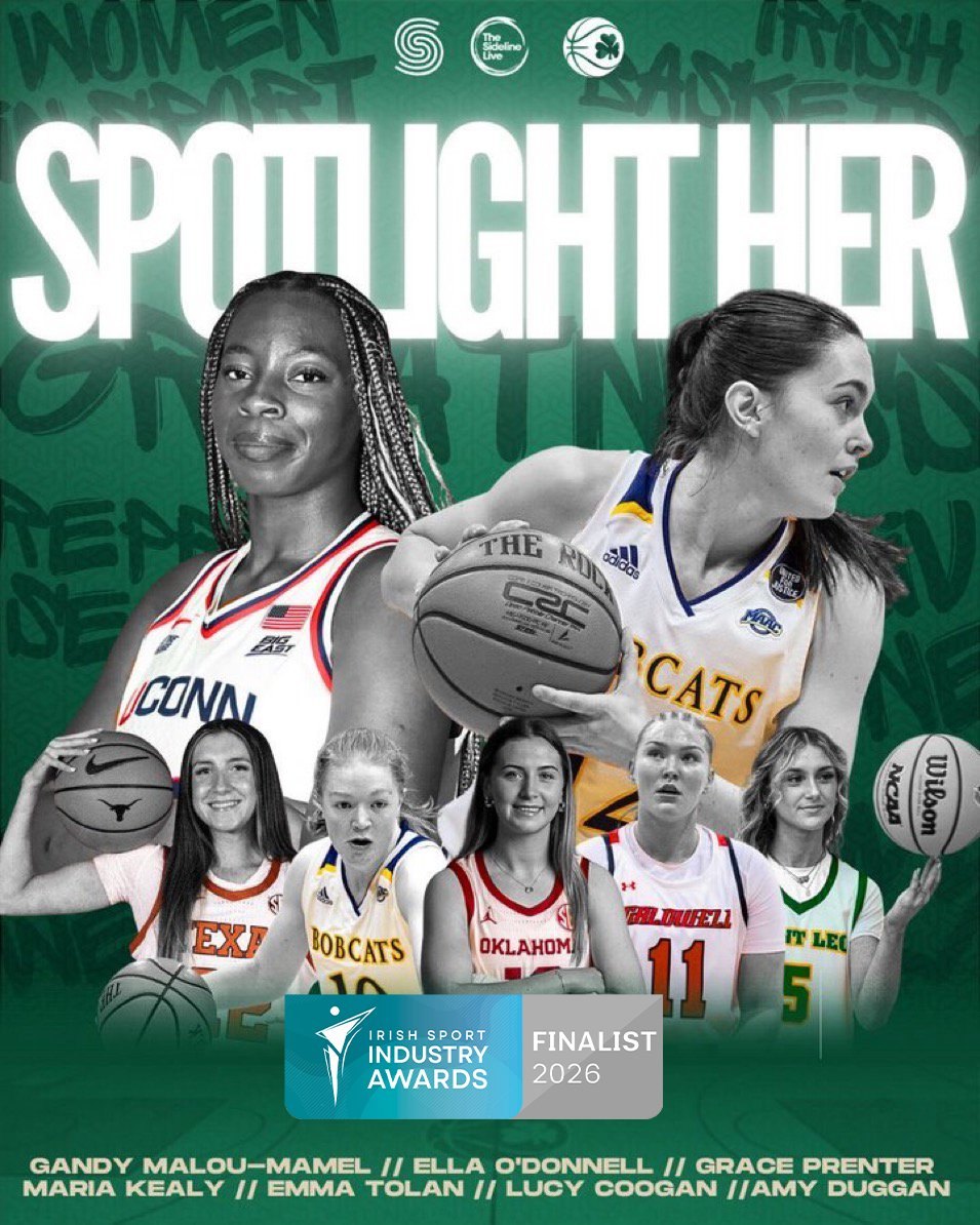 The Spotlight Her series poster: Gandy Malou-Mamel, Ella O'Donnell, Grace Prenter, Maria Kealy, Emma Tolan, Lucy Coogan and Amy Duggan, with the Irish Sport Industry Awards 2026 finalist badge